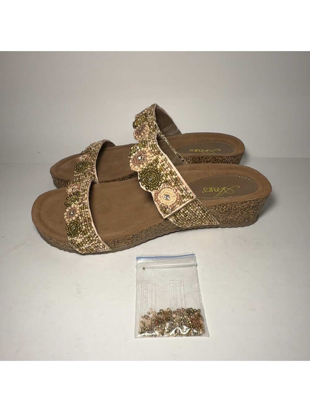 Azura Bahama Beaded Wedge Slide Sandals Gold Multi EU 38 US 7.5-8 Box
